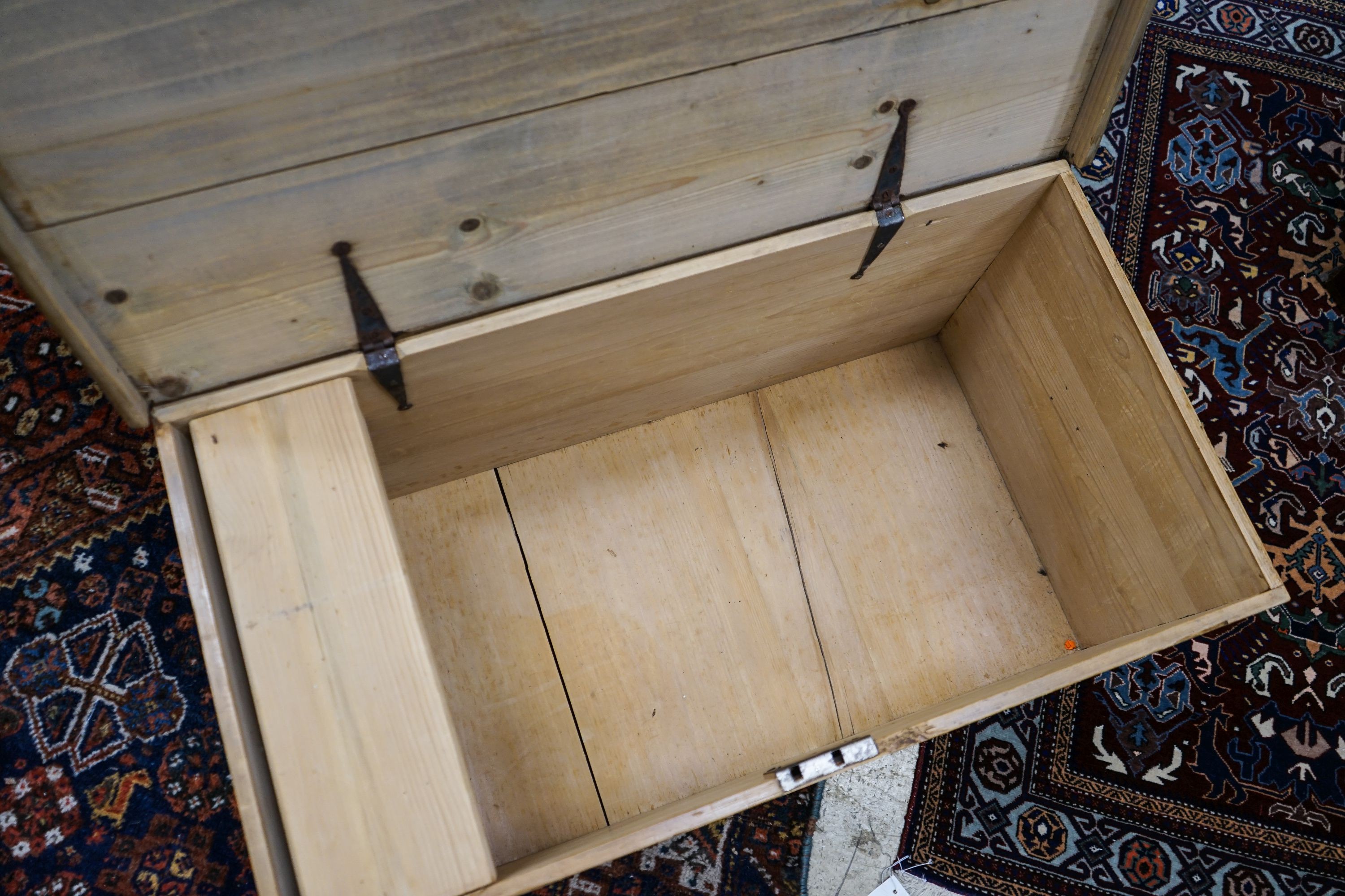 A Victorian rectangular pine trunk, length 96cm, width 52cm, height 45cm